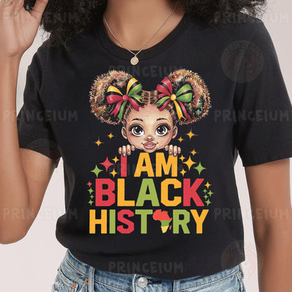 a woman wearing a black t - shirt with a cartoon character on it