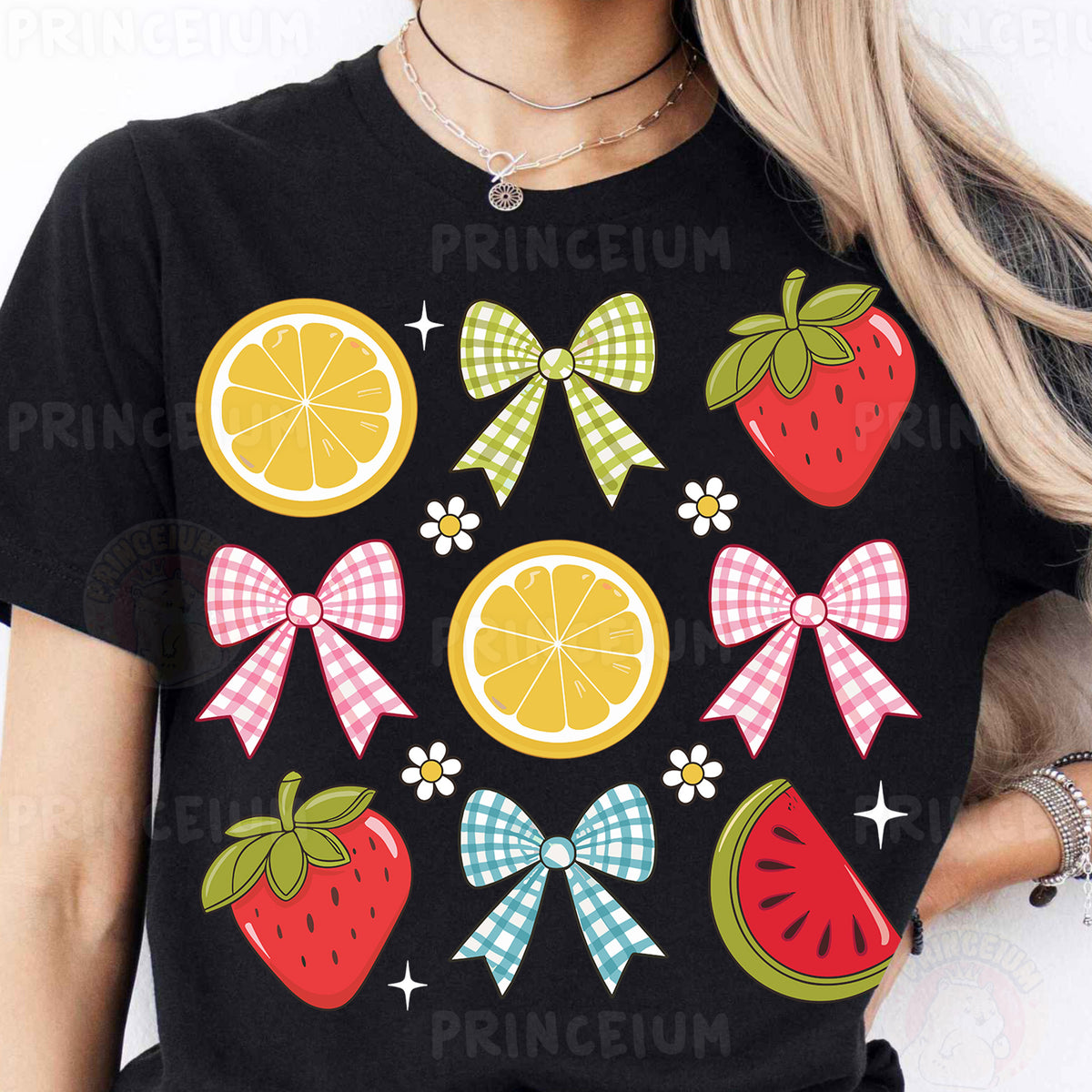 a woman wearing a t - shirt with fruit and bows on it