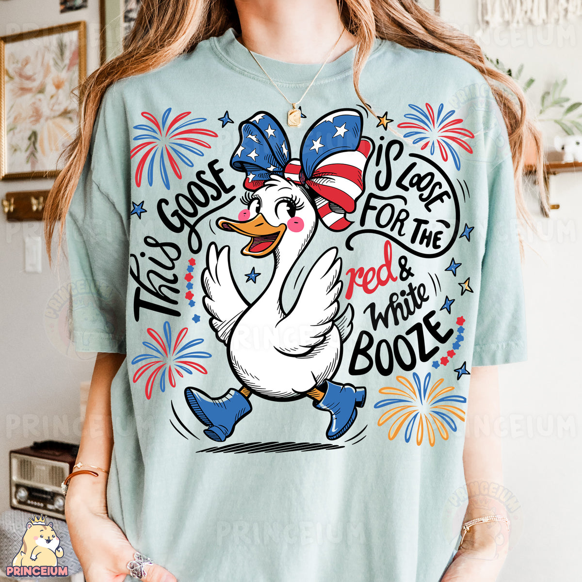 a woman wearing a t - shirt with an image of a duck on it