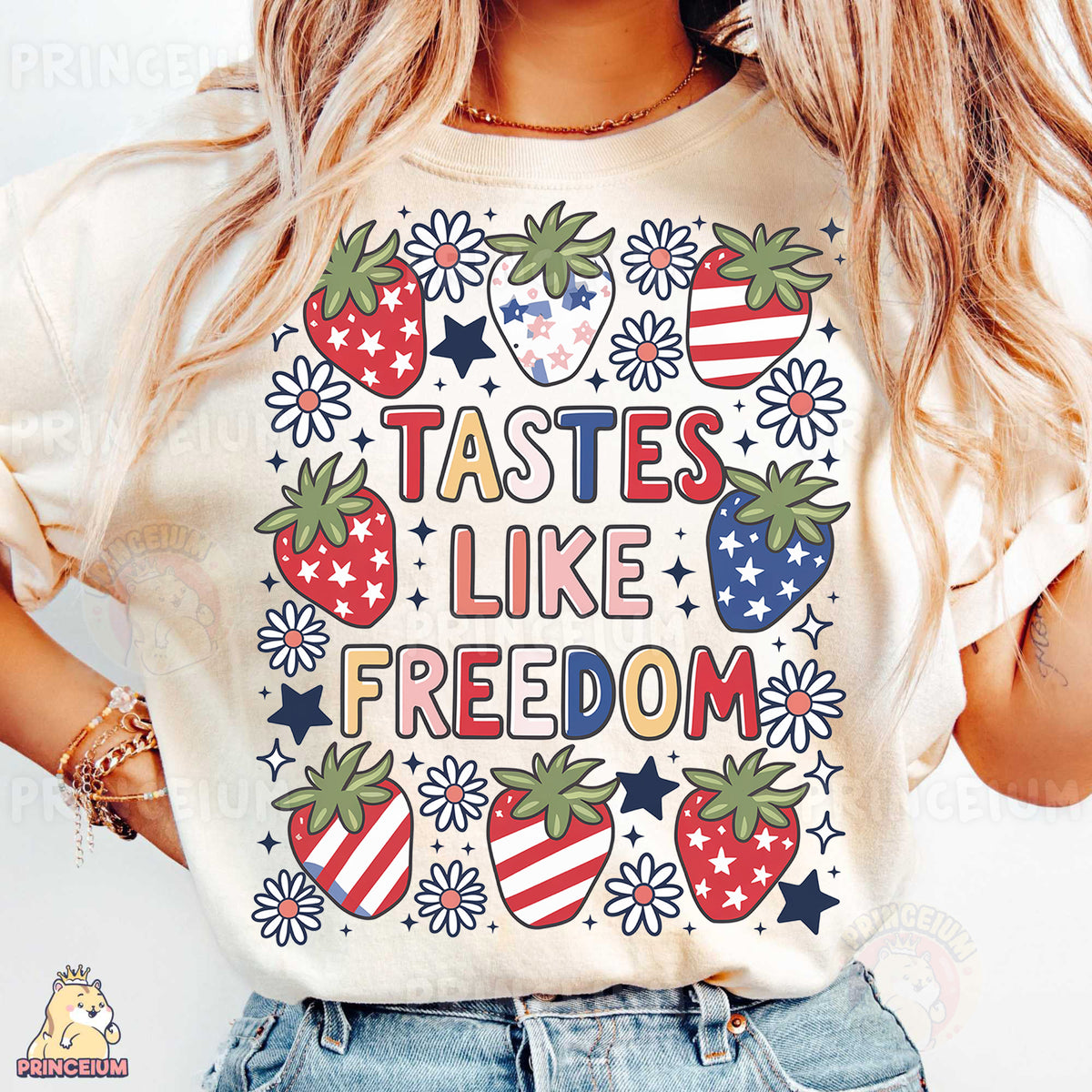a woman wearing a t - shirt that says tastes like freedom