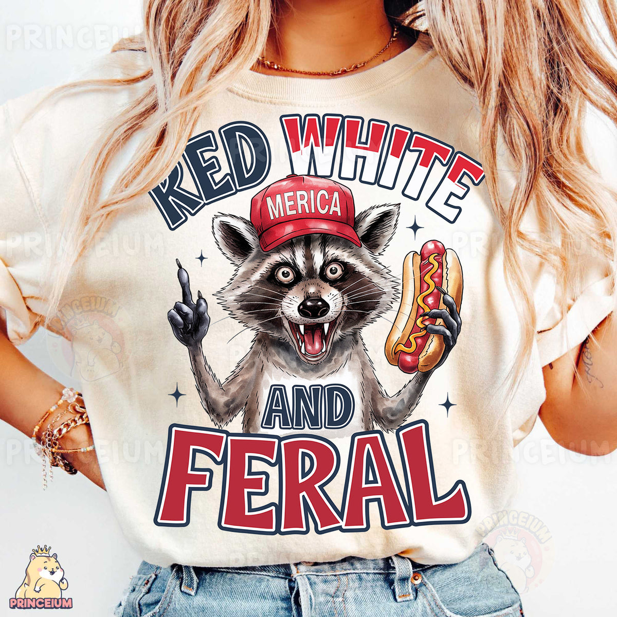 a woman wearing a t - shirt with a raccoon holding a hot dog