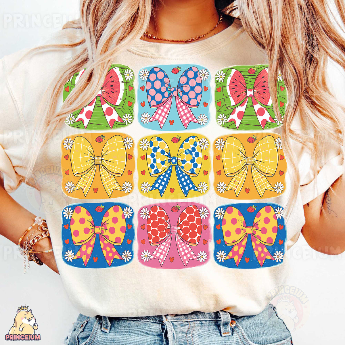 a woman wearing a t - shirt with bows on it