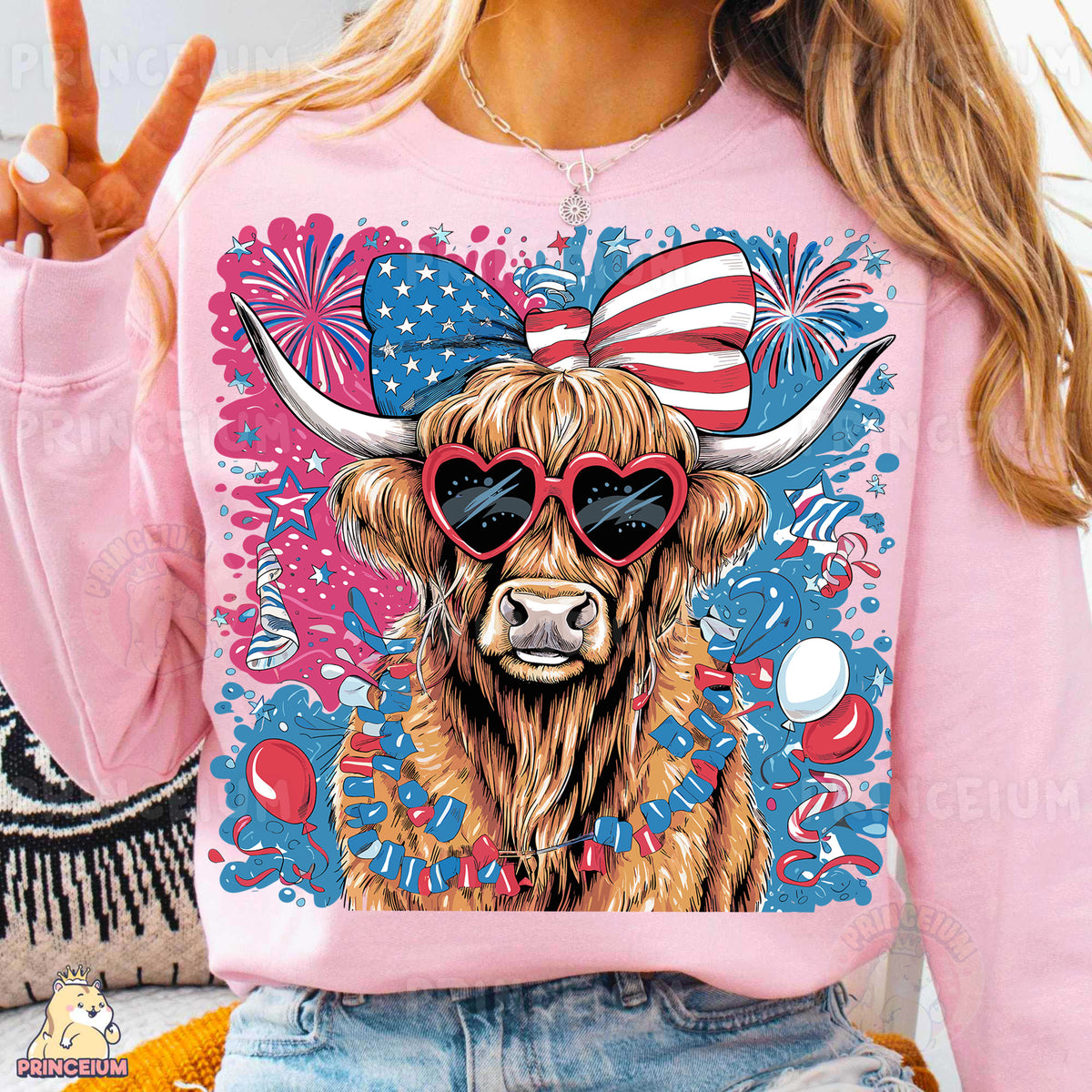 a woman wearing a pink shirt with a cow wearing sunglasses