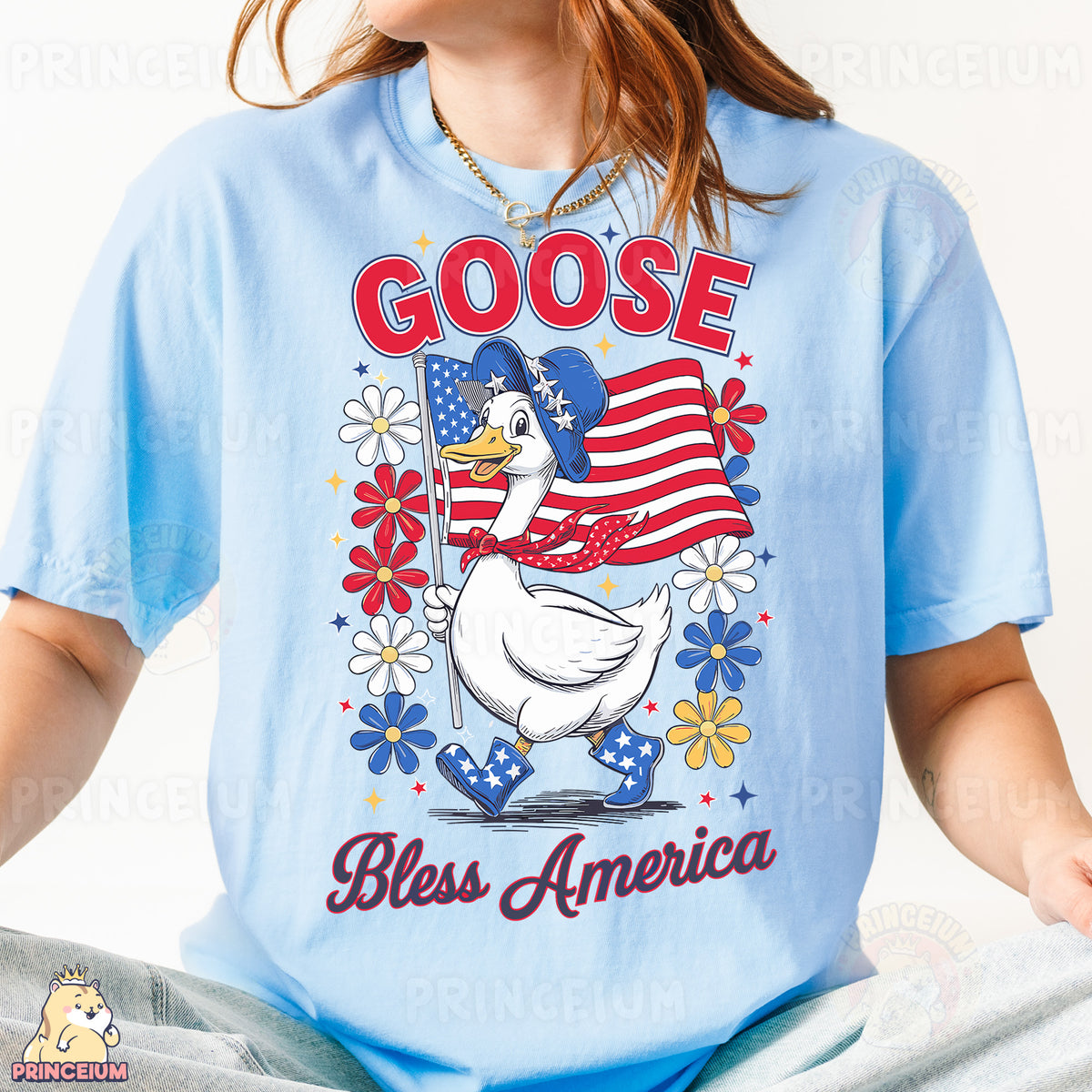a girl wearing a goose t - shirt with an american flag