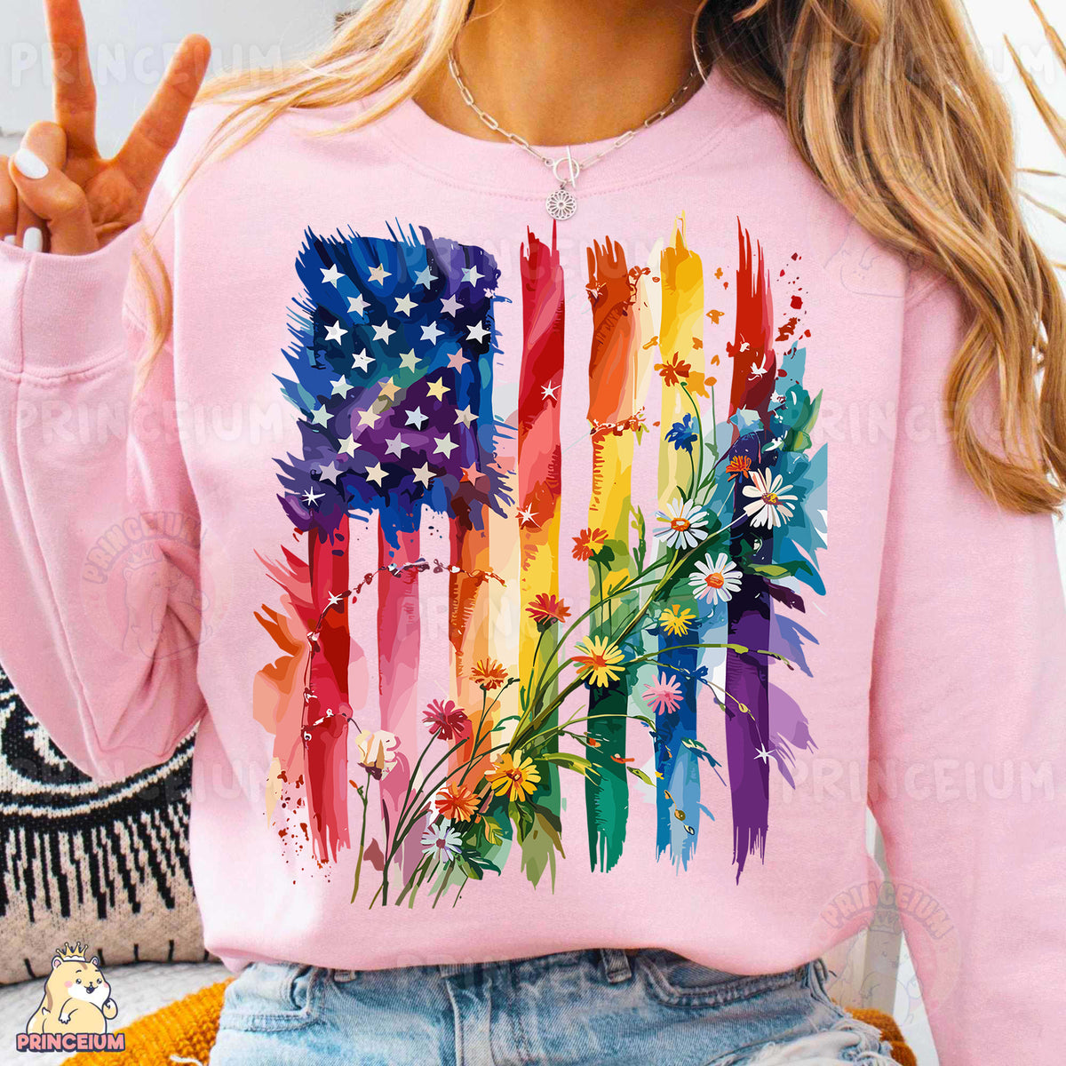 a woman wearing a pink shirt with an american flag painted on it