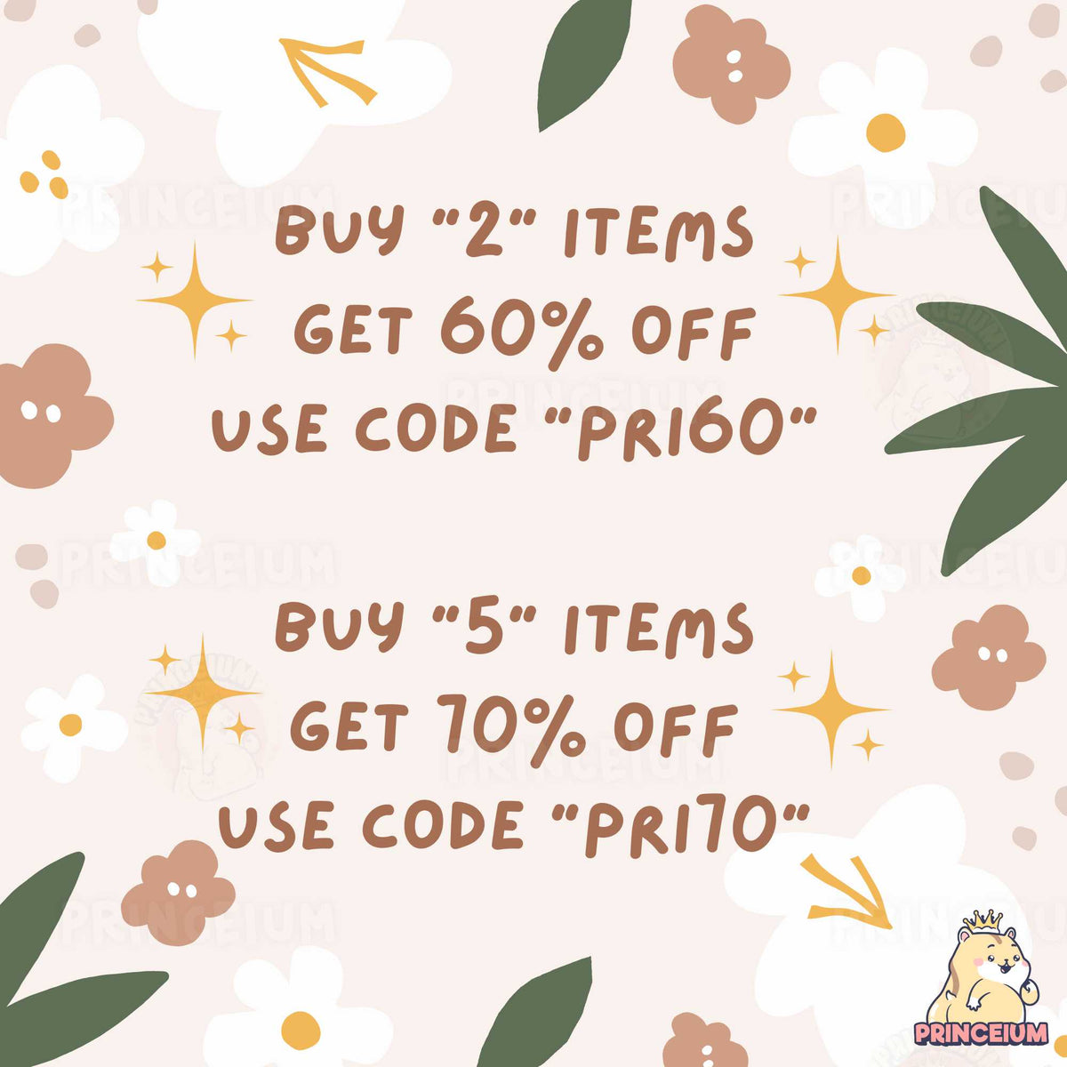 a pink background with flowers and leaves with the text buy 2 items get 60 %