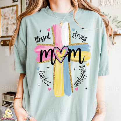 a woman wearing a t - shirt with a cross on it