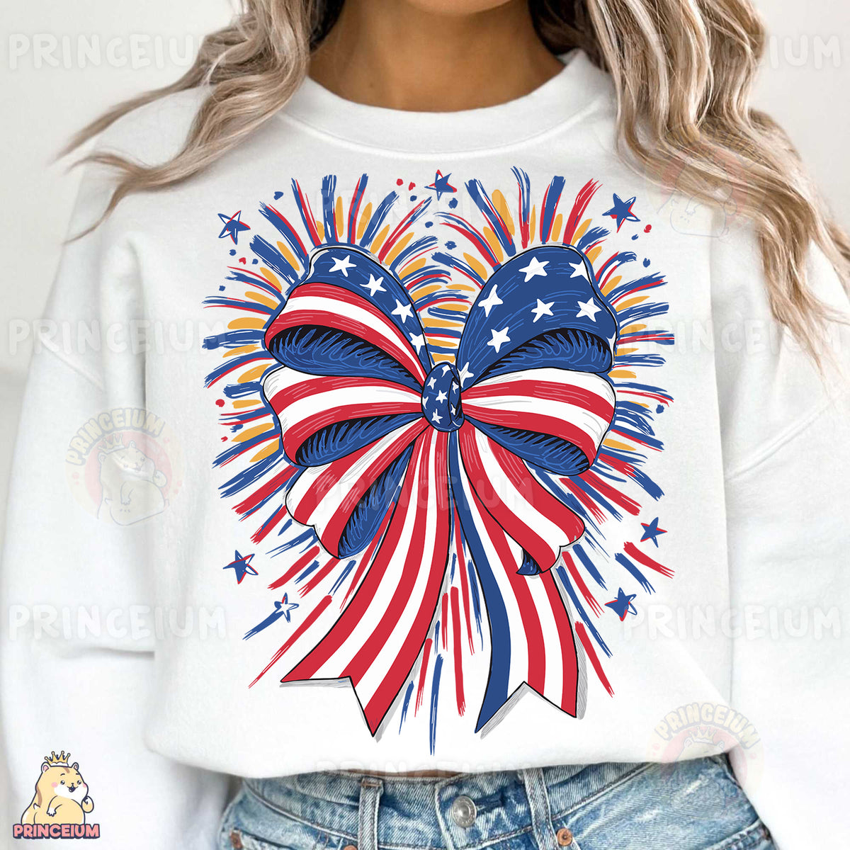 a woman wearing a white sweatshirt with an american flag bow on it
