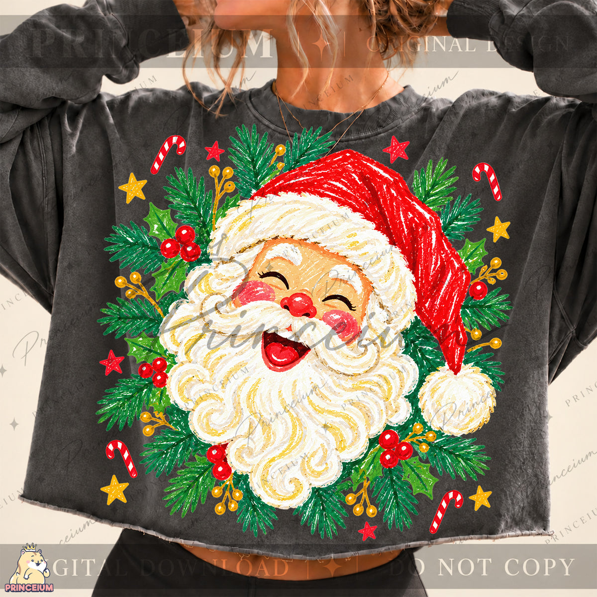 Jolly Santa Christmas PNG – Holly & Candy Cane Holiday Design | Digital Download