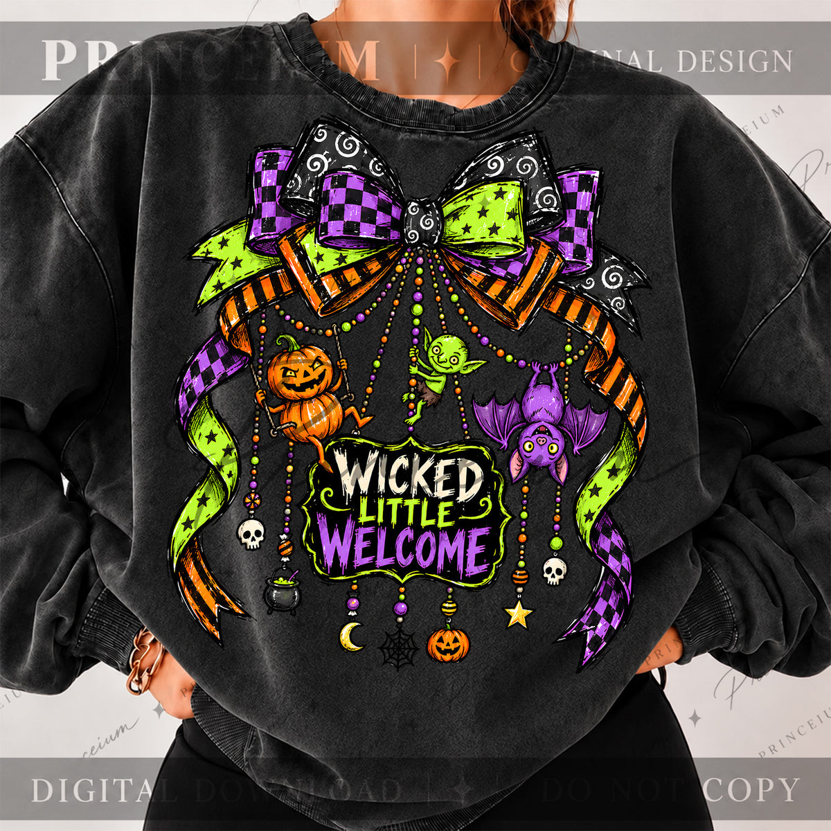 Wicked Little Welcome Halloween PNG – Spooky Bow & Charms Design | Digital Download