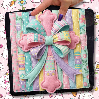Easter Cross PNG, Pastel Patchwork Bow Cross Art, Christian Spring Faith Clipart Design
