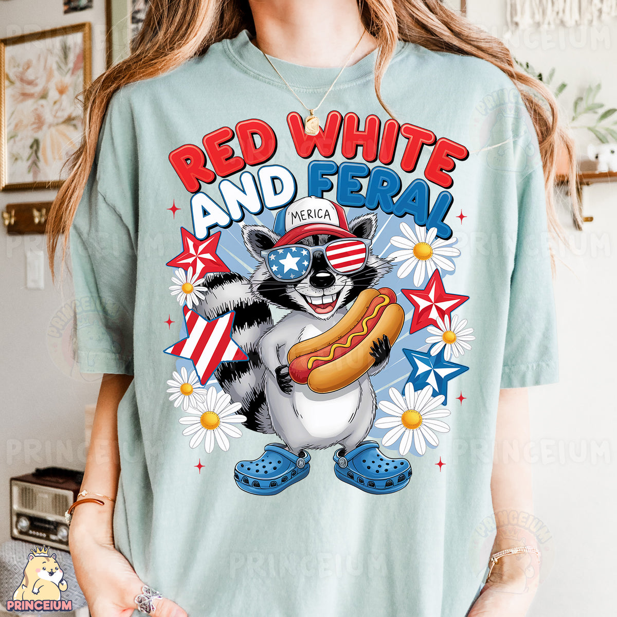 a woman wearing a red white and blue shirt with a raccoon holding a