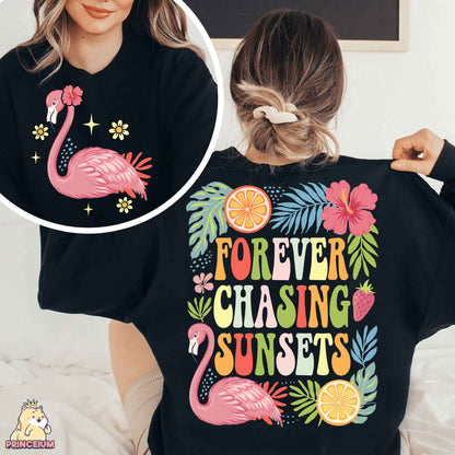 a woman wearing a t - shirt that says forever chasing sunsets