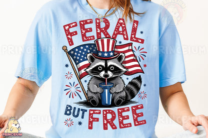 a woman wearing a t - shirt with a raccoon holding a flag