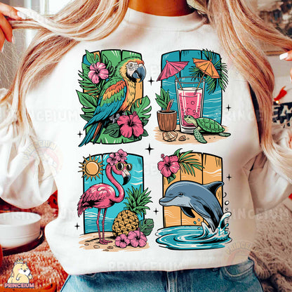 a woman wearing a t - shirt with a tropical scene on it