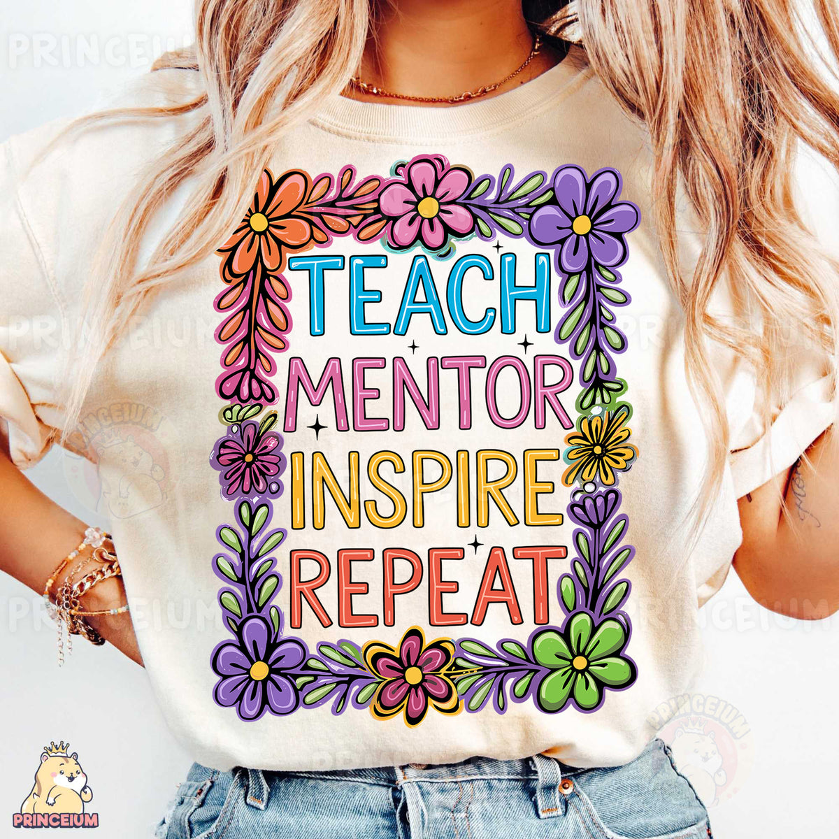 a woman wearing a t - shirt that says teach mentor inspire repeat