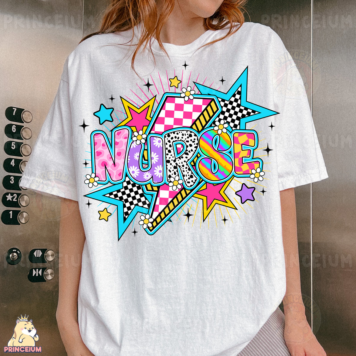 a woman wearing a white t - shirt with the word nurse on it