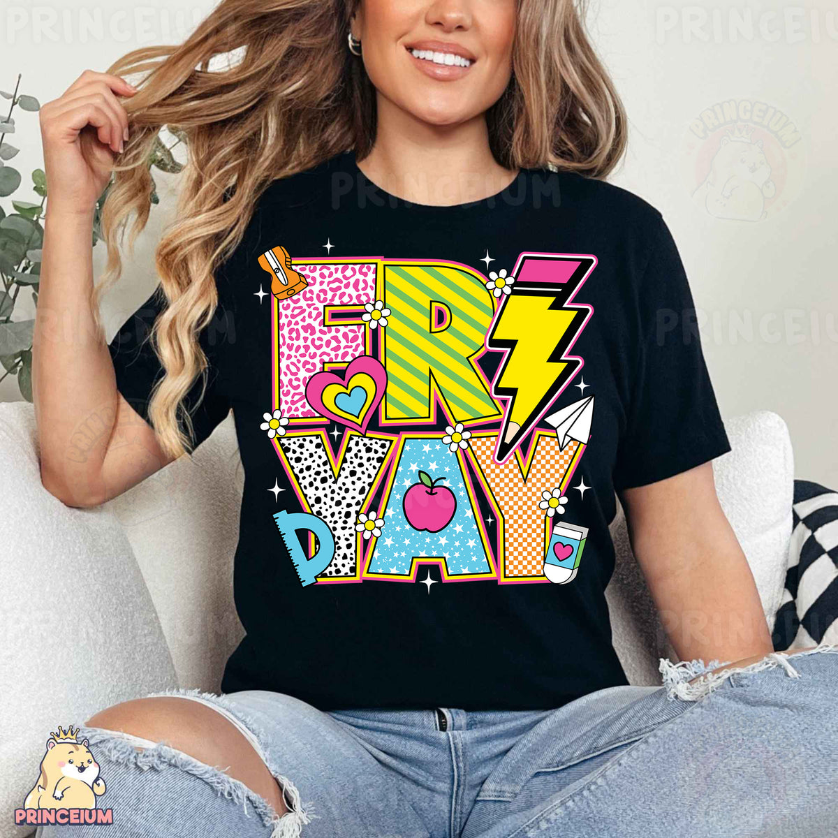 a woman sitting on a couch wearing a t - shirt with the words happy birthday