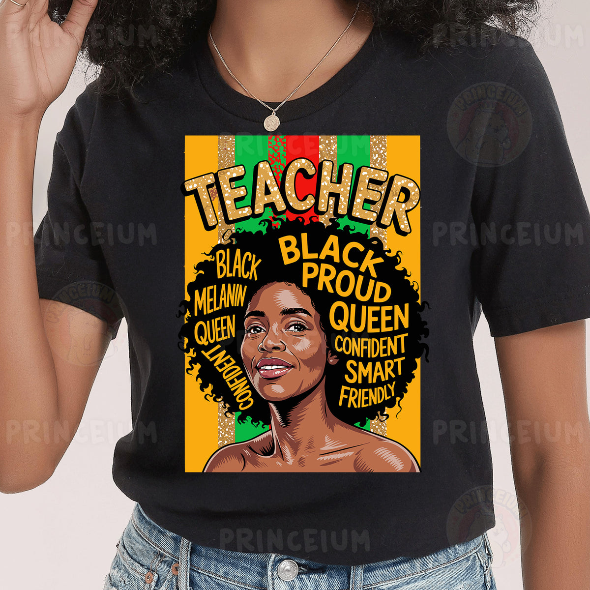 a woman wearing a black t - shirt with a picture of a woman's