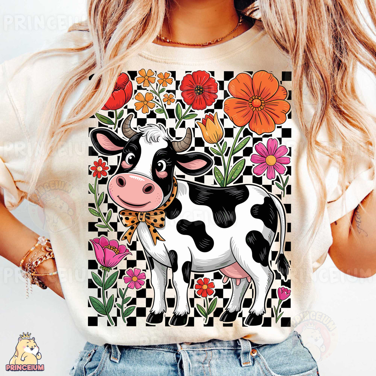 a woman wearing a t - shirt with a cow on it
