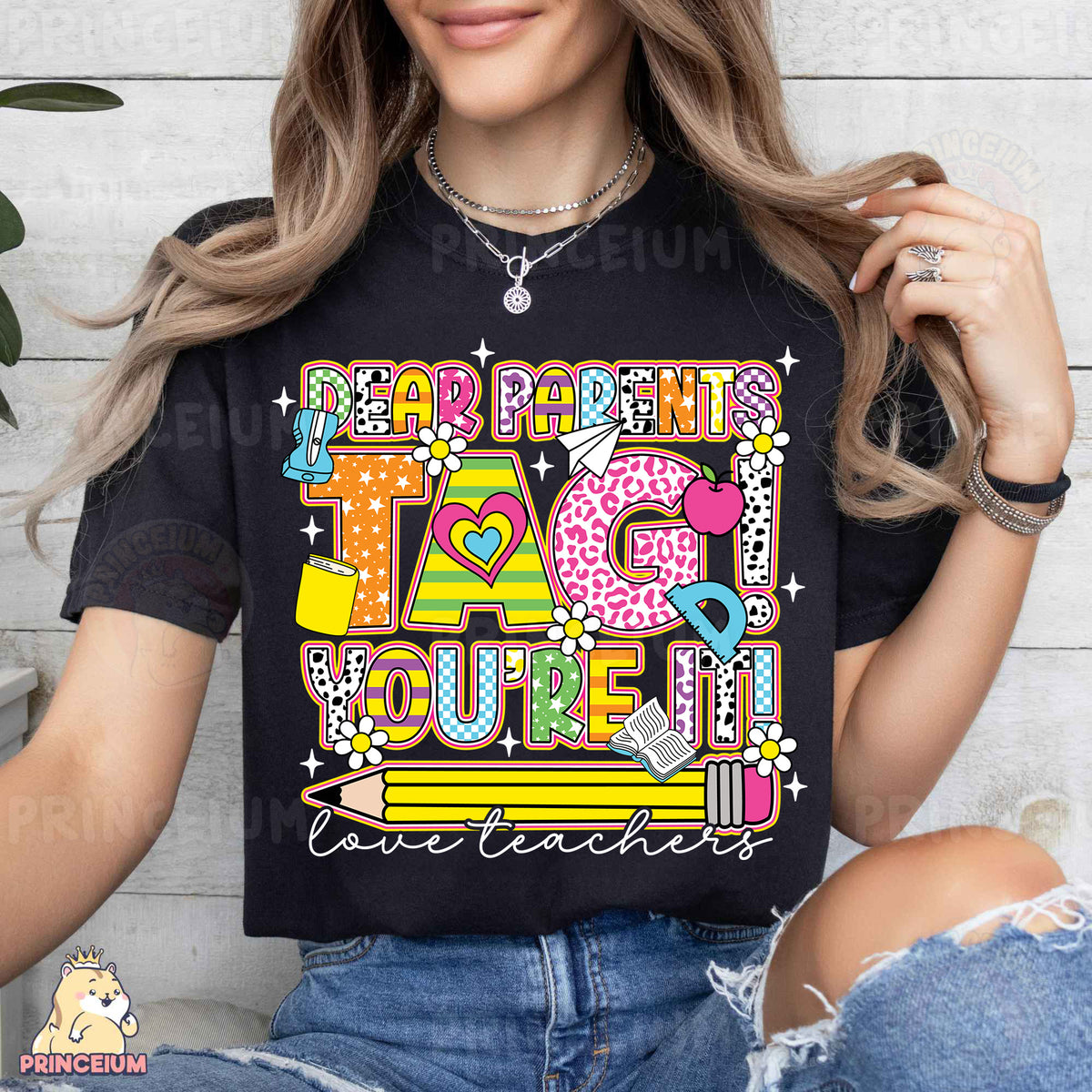 a woman wearing a t - shirt that says dear parents tag you're 11