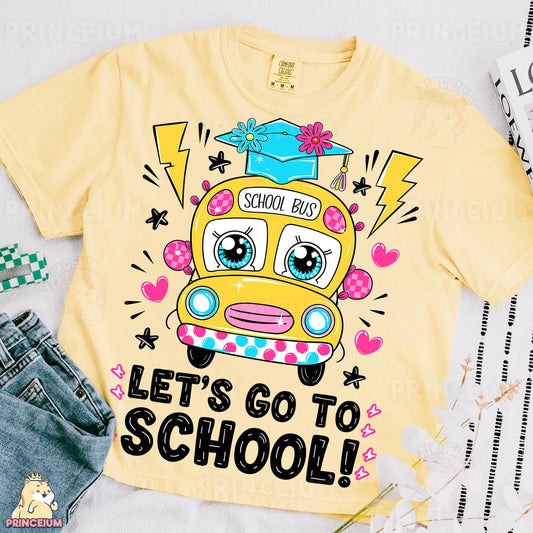 a yellow shirt with a school bus on it
