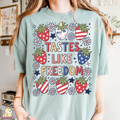 a woman wearing a t - shirt that says tastes like freedom