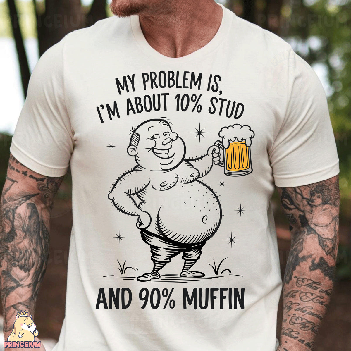 a man wearing a white t - shirt with an image of a fat man holding