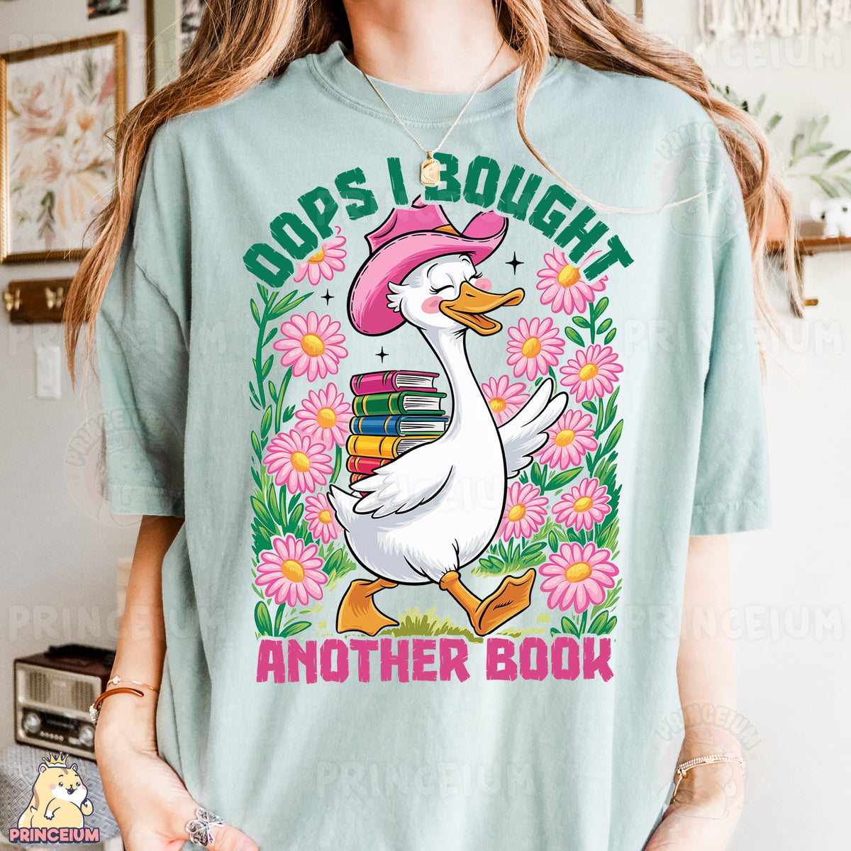 a woman wearing a t - shirt with a duck on it