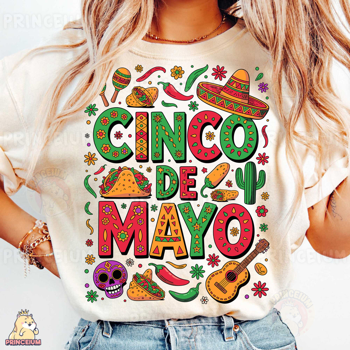 a woman wearing a cinco de mayo t - shirt