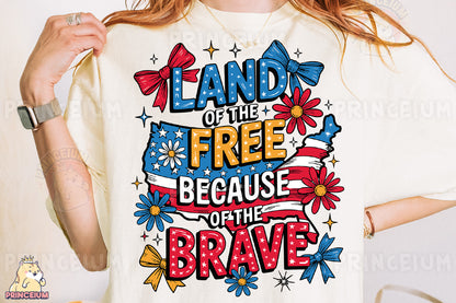 a woman wearing a t - shirt that says land of the free because of the