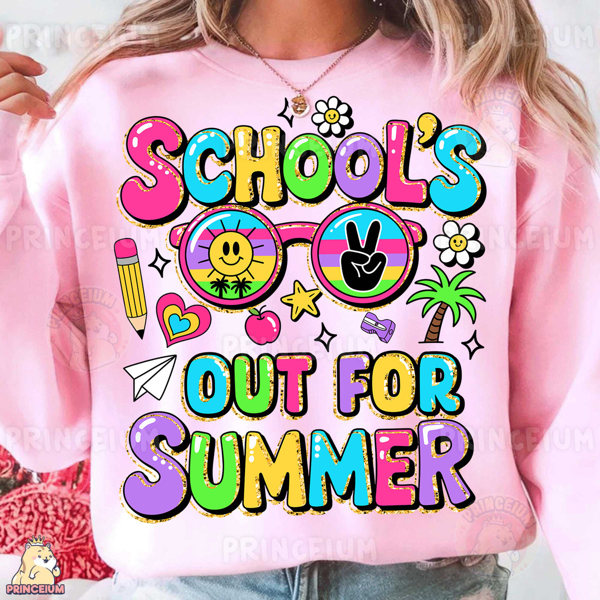 a woman wearing a pink sweatshirt that says school's out for summer