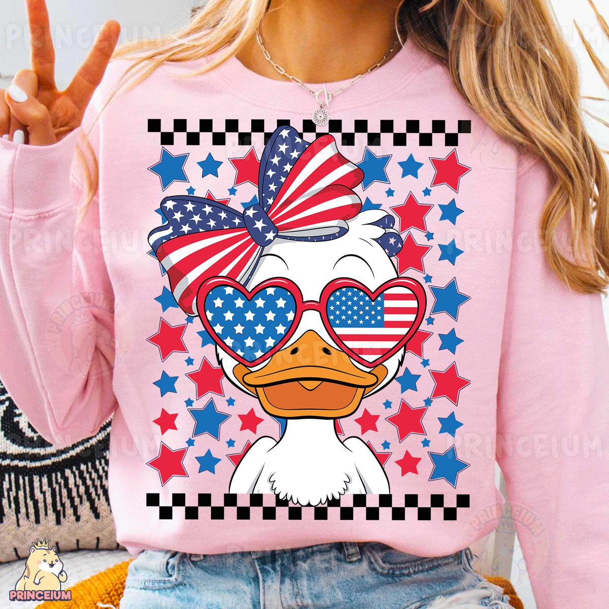 a woman wearing a pink shirt with a duck wearing sunglasses