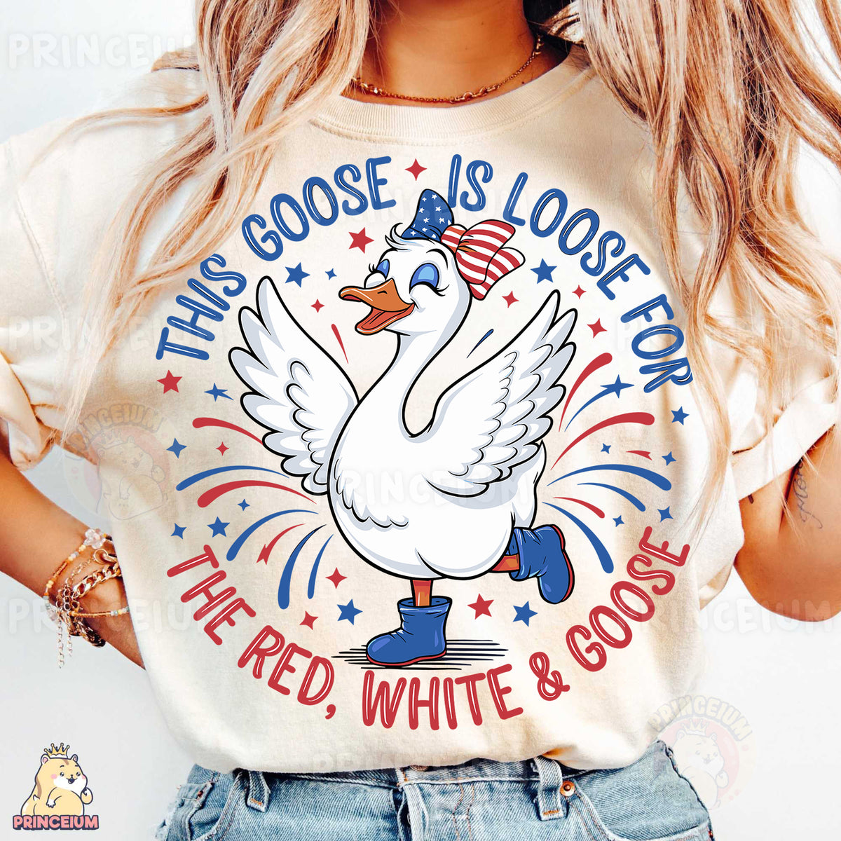 a woman wearing a t - shirt with a goose on it