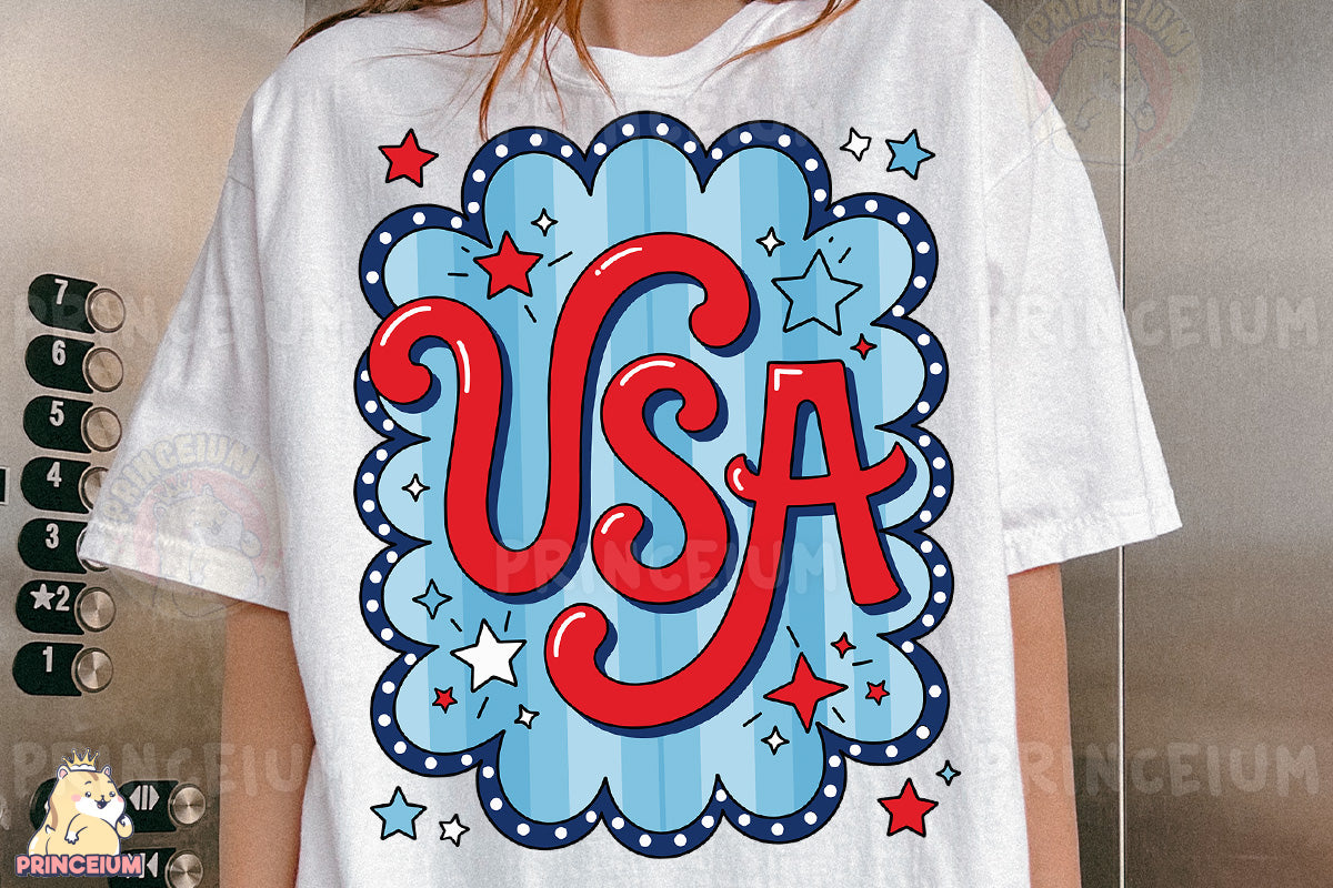 a woman wearing a usa t - shirt with stars
