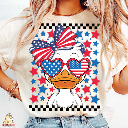 a woman wearing a t - shirt with a duck wearing sunglasses