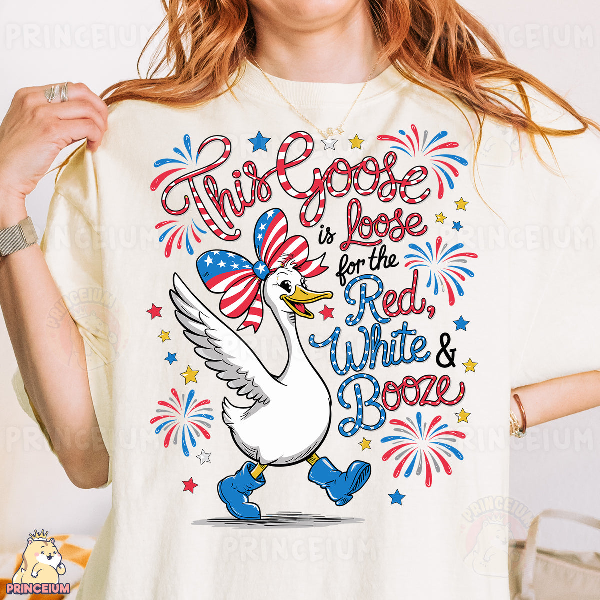 a woman wearing a white t - shirt with an american flag on it