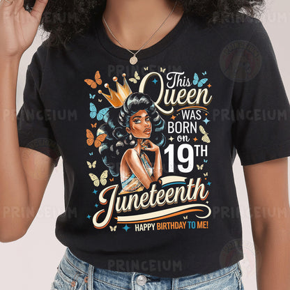 a woman wearing a black shirt with a picture of a woman on it