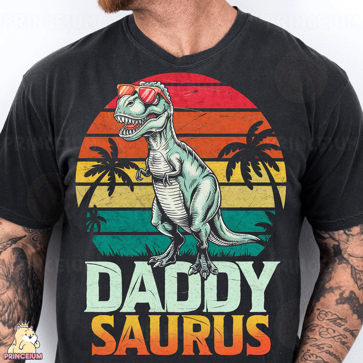 a man wearing a black shirt with a dinosaur on it