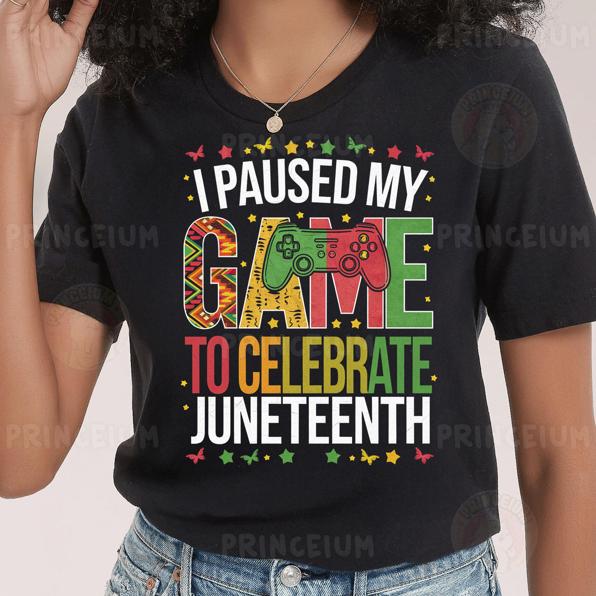 a woman wearing a t - shirt that says i paused my game to celebrate june