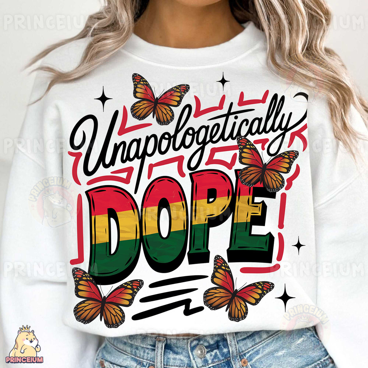 a woman wearing a white sweatshirt with a raspberry dope on it