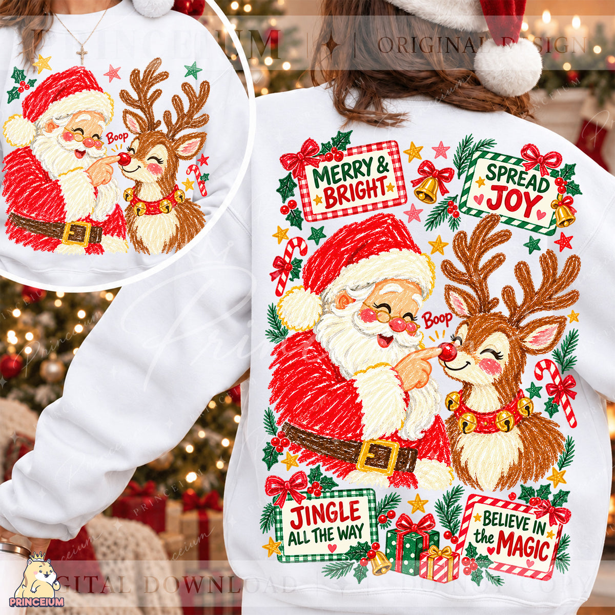 Santa & Reindeer Christmas PNG  Merry & Bright Holiday Design Digital Download