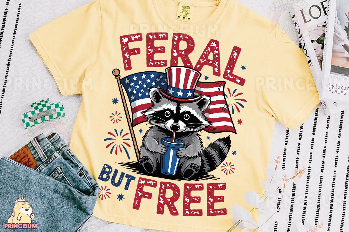 a t - shirt with a raccoon wearing a hat and holding a flag