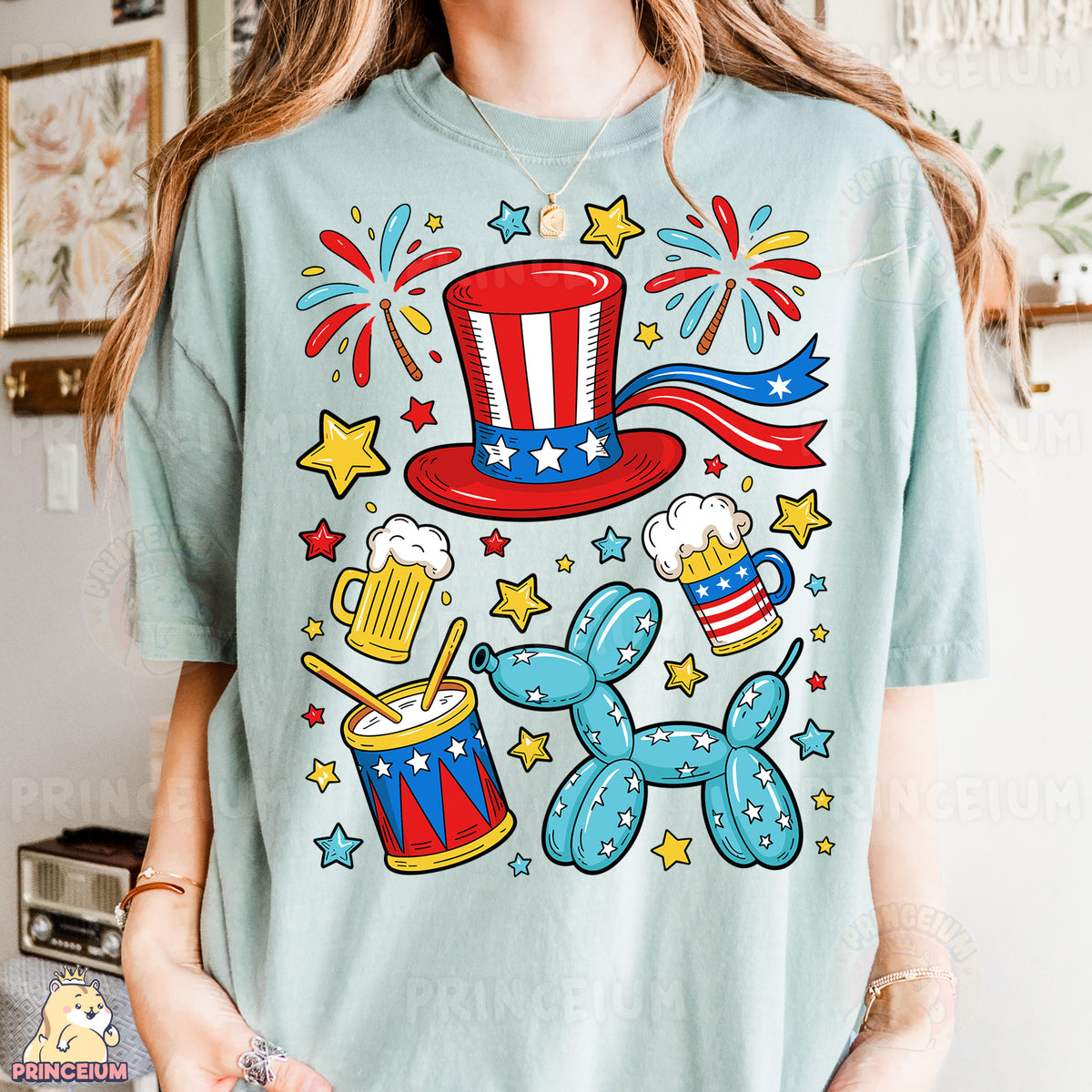 a woman wearing a t - shirt with a patriotic design on it