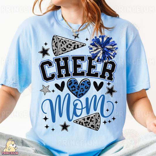 a young girl wearing a cheer mom shirt