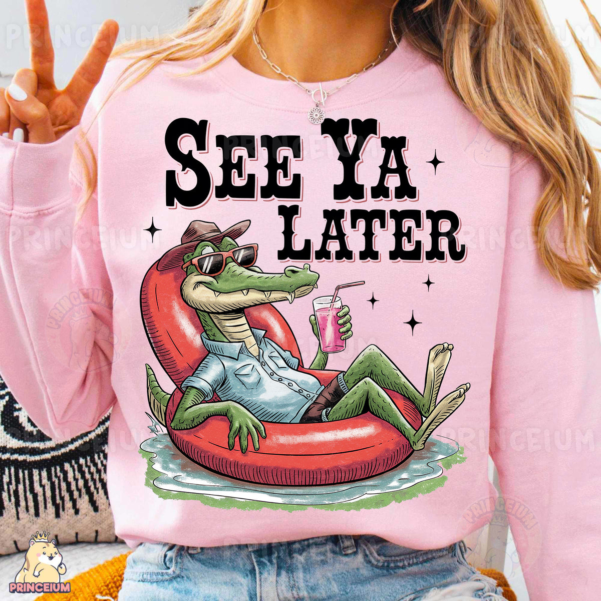 a woman wearing a pink shirt that says see ya later