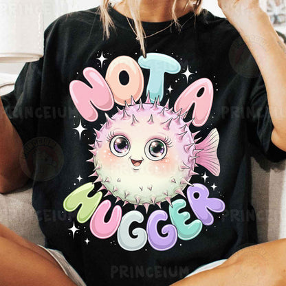 a woman sitting on a couch wearing a t - shirt with a puffer fish
