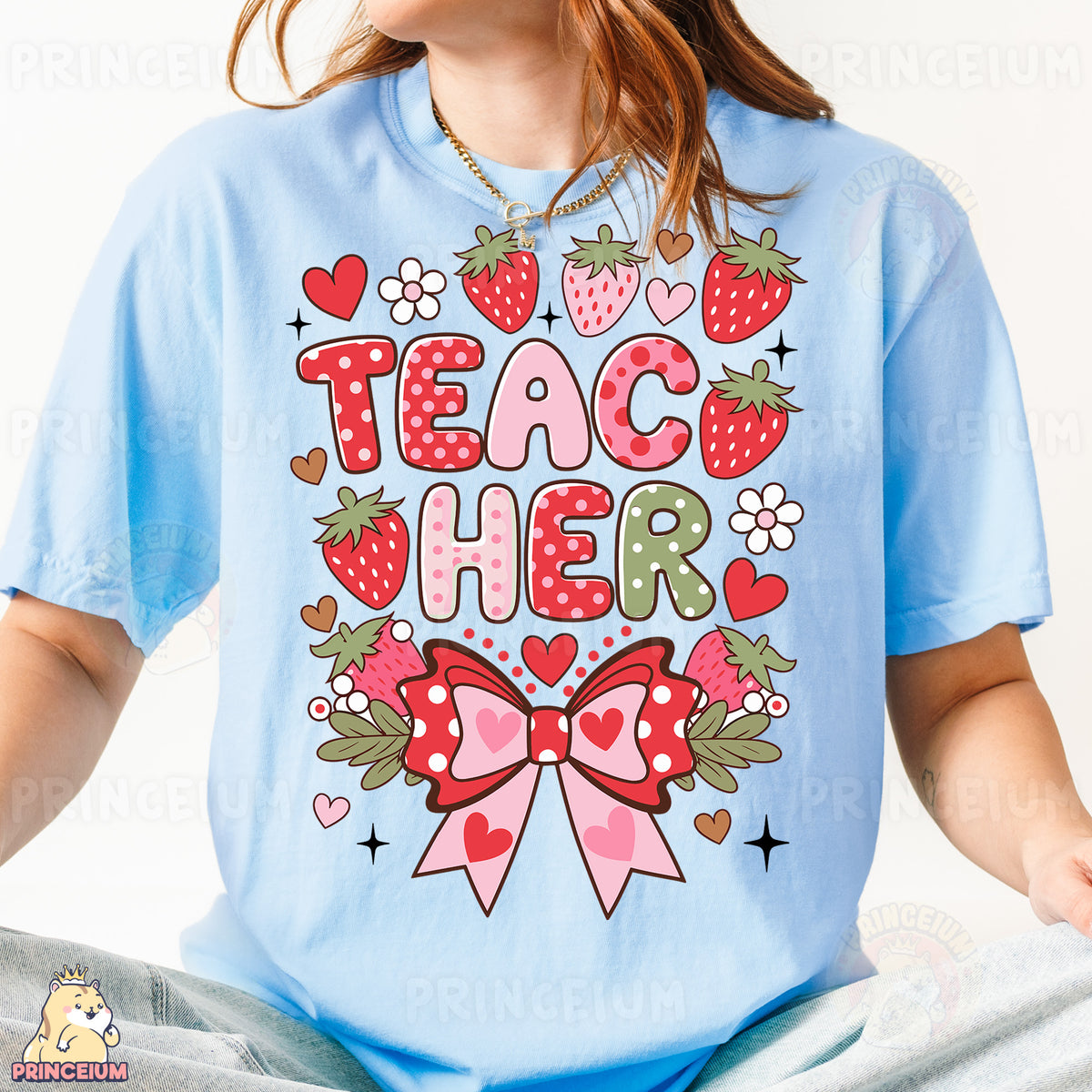 a girl wearing a t - shirt that says teach her