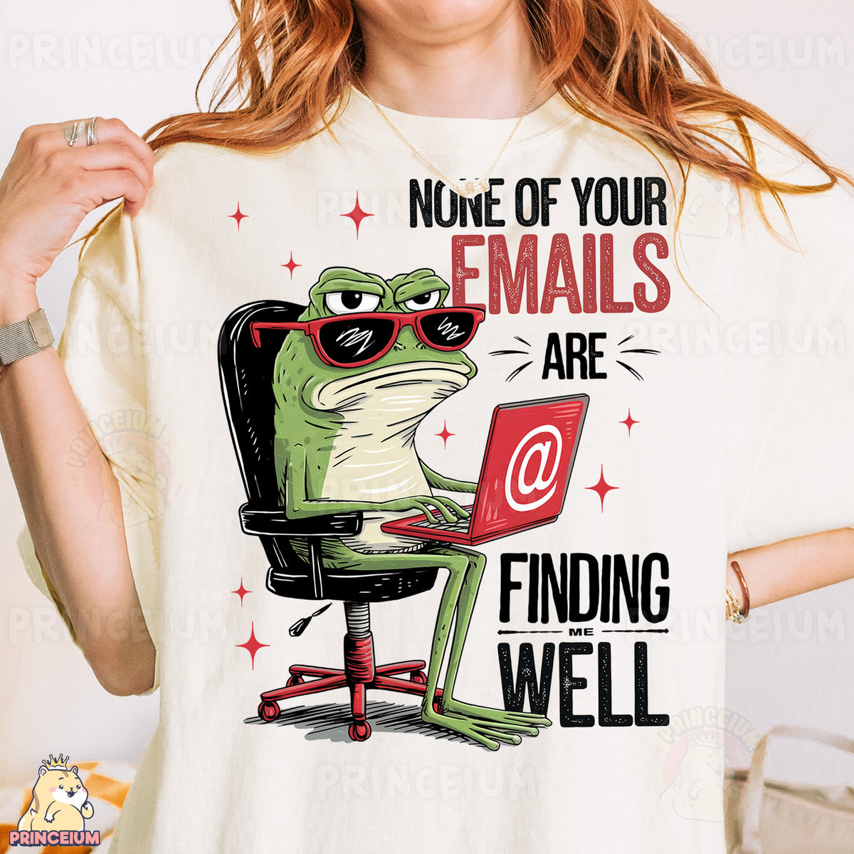 a woman wearing a t - shirt that says none of your emails are finding well