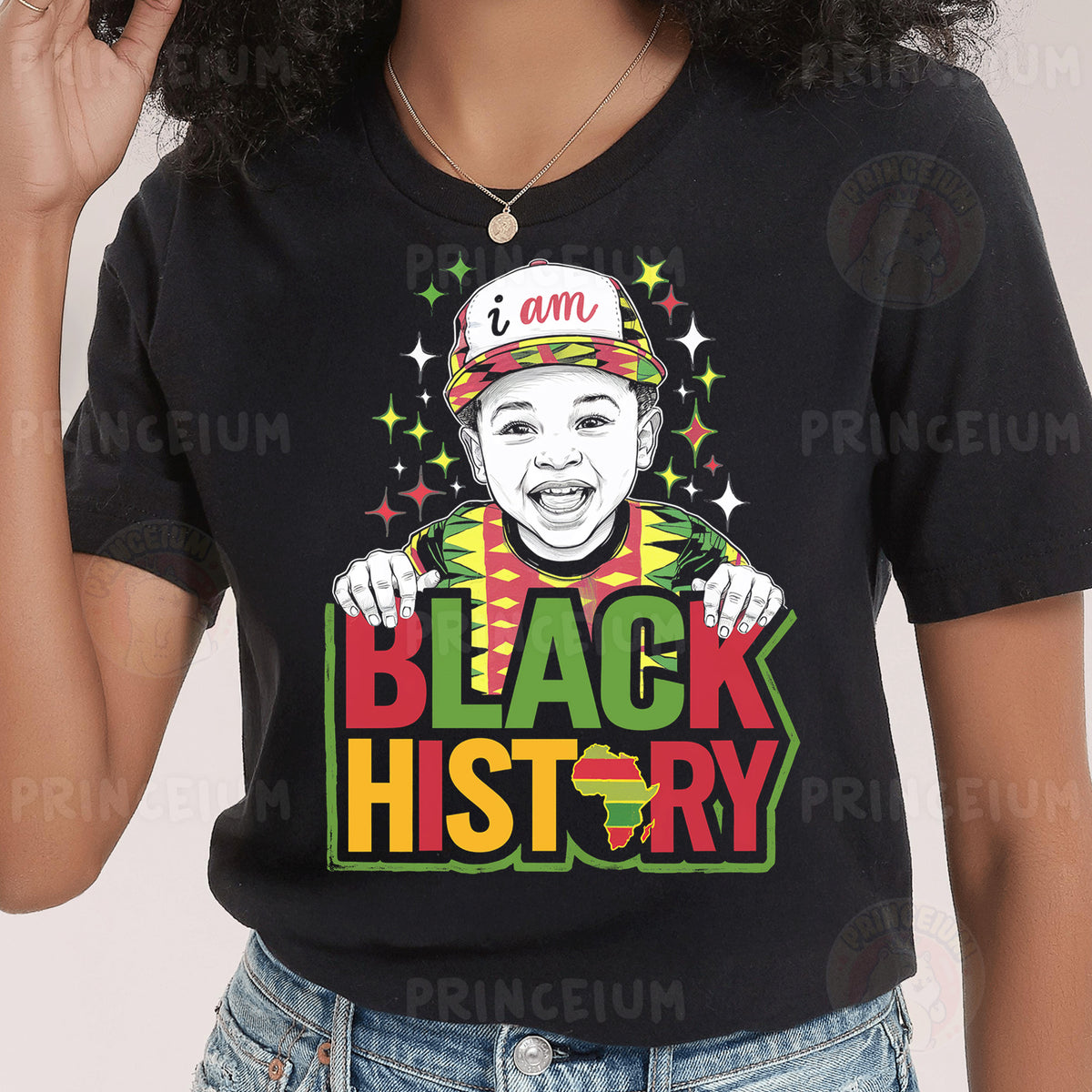 a woman wearing a black t - shirt with a black history picture on it